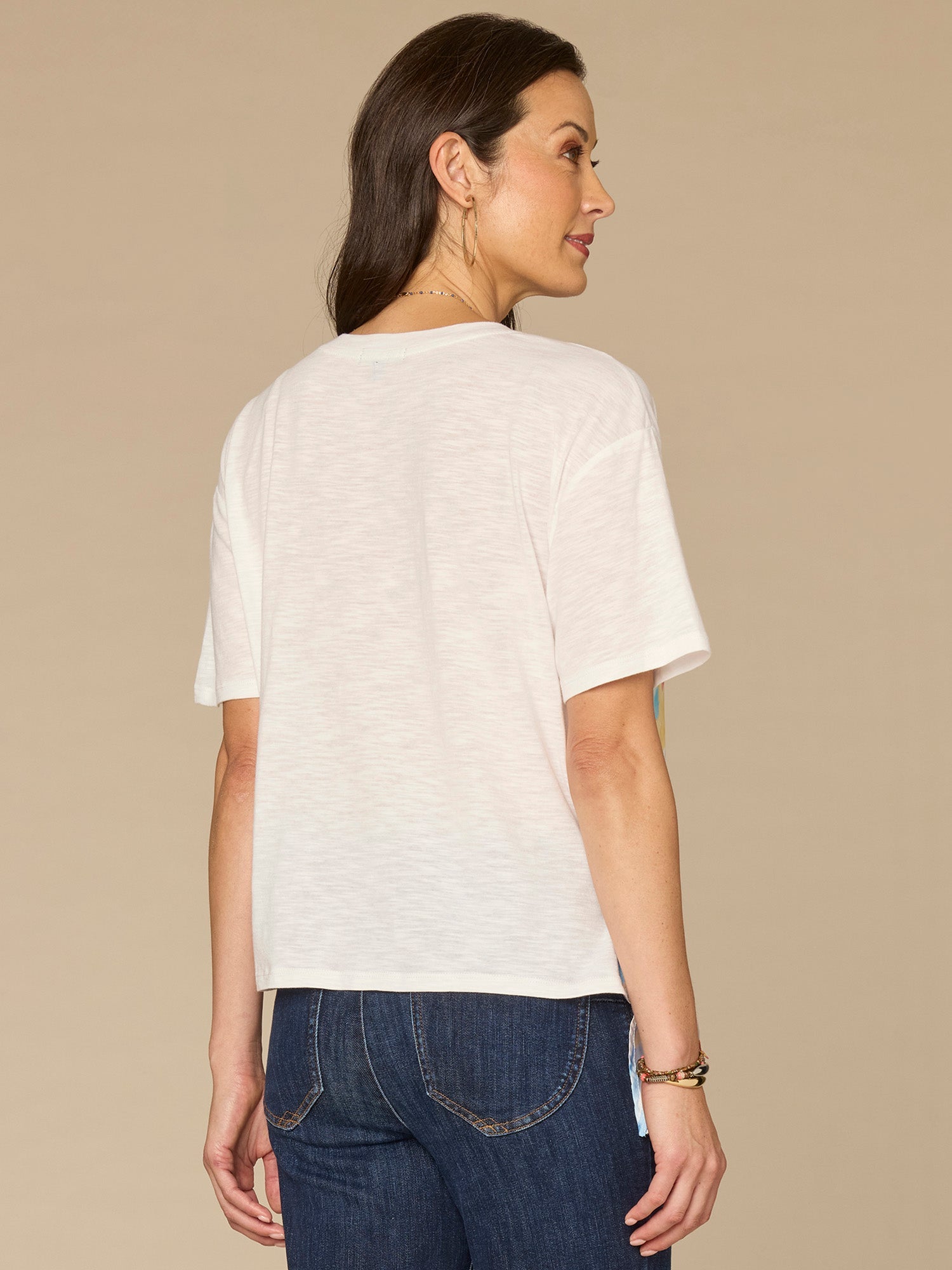 Elbow Sleeve Scoop Neck Side Tie Placement Print Mixed Media Knit Top