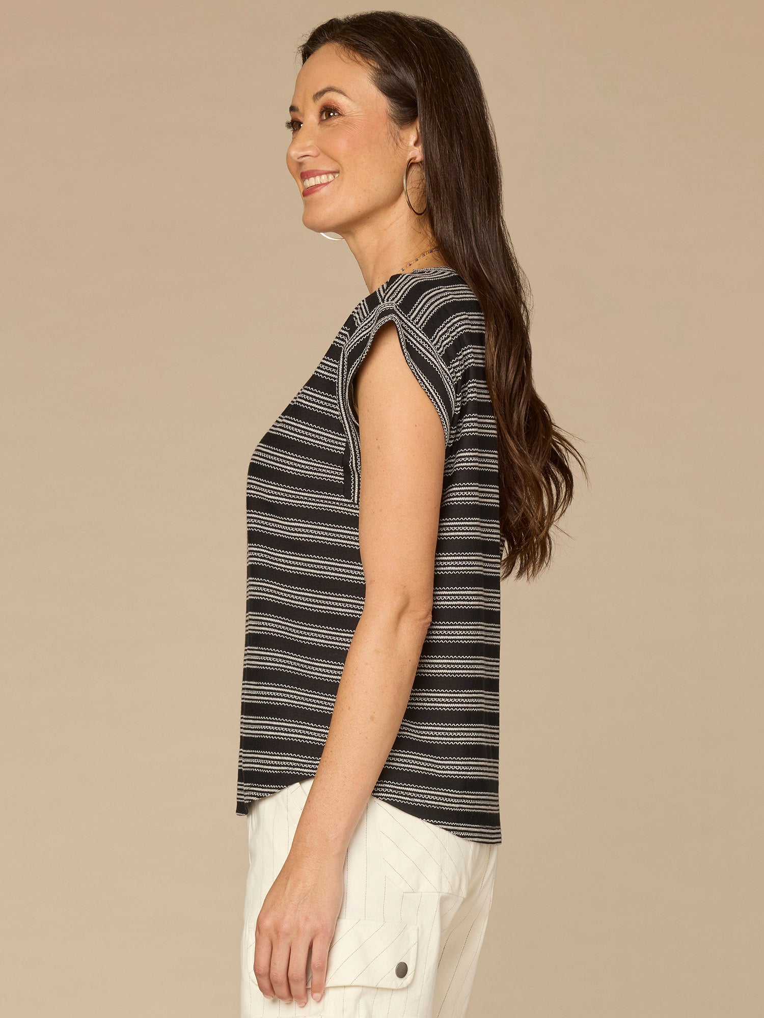 Cap Sleeve Scoop Neck Embroidered Stripe Knit Top