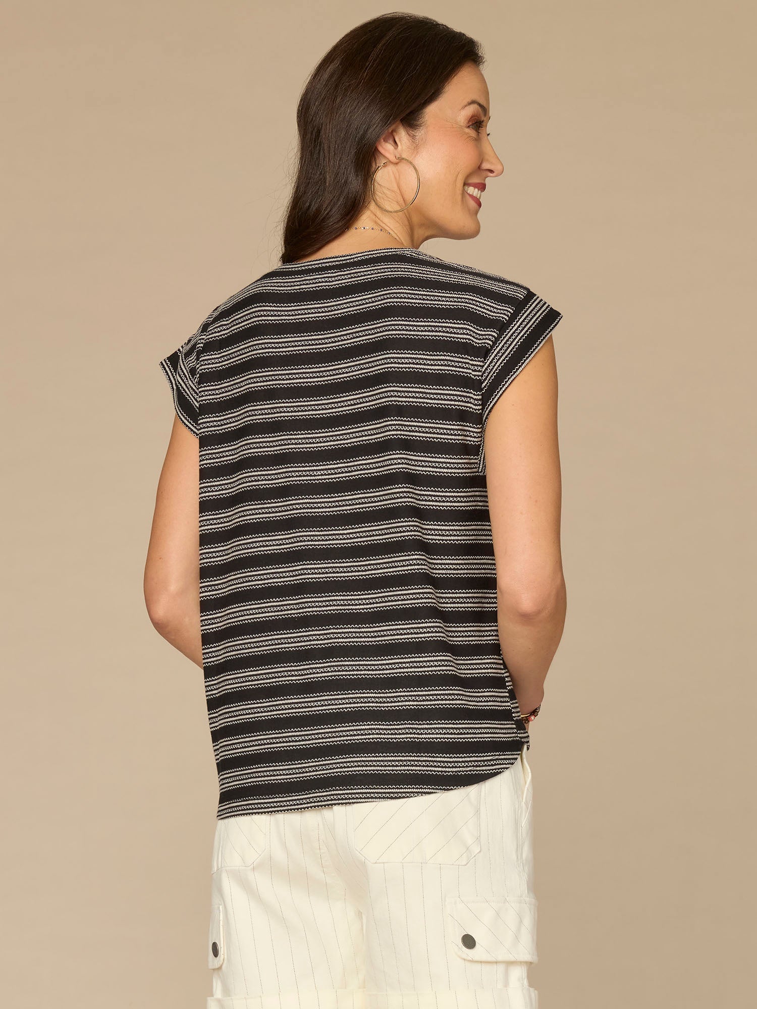 Cap Sleeve Scoop Neck Embroidered Stripe Knit Top