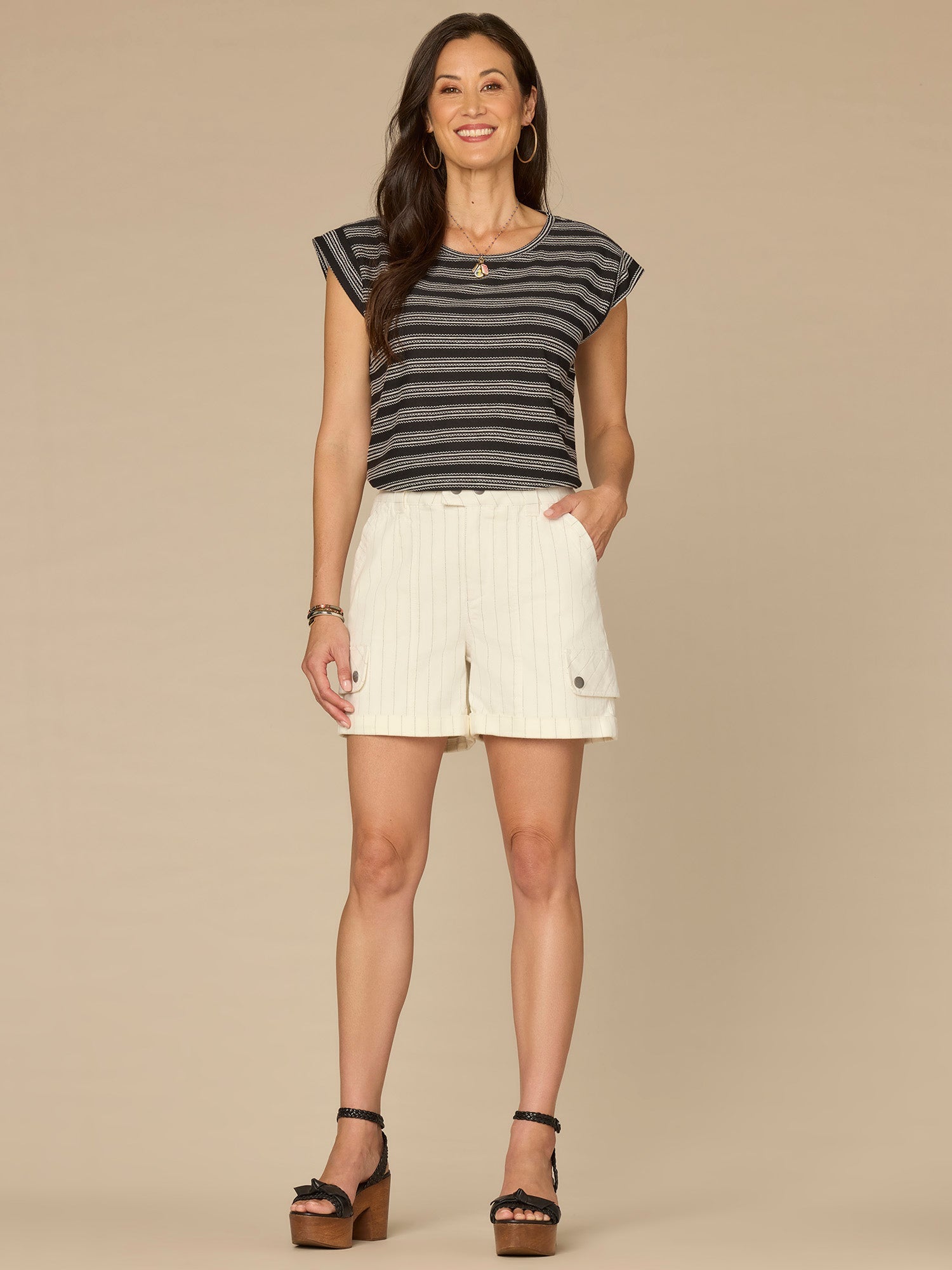 Cap Sleeve Scoop Neck Embroidered Stripe Knit Top