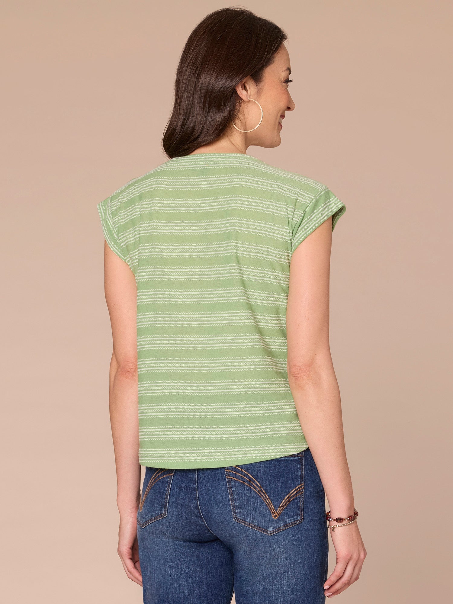 Cap Sleeve Scoop Neck Embroidered Stripe Knit Top