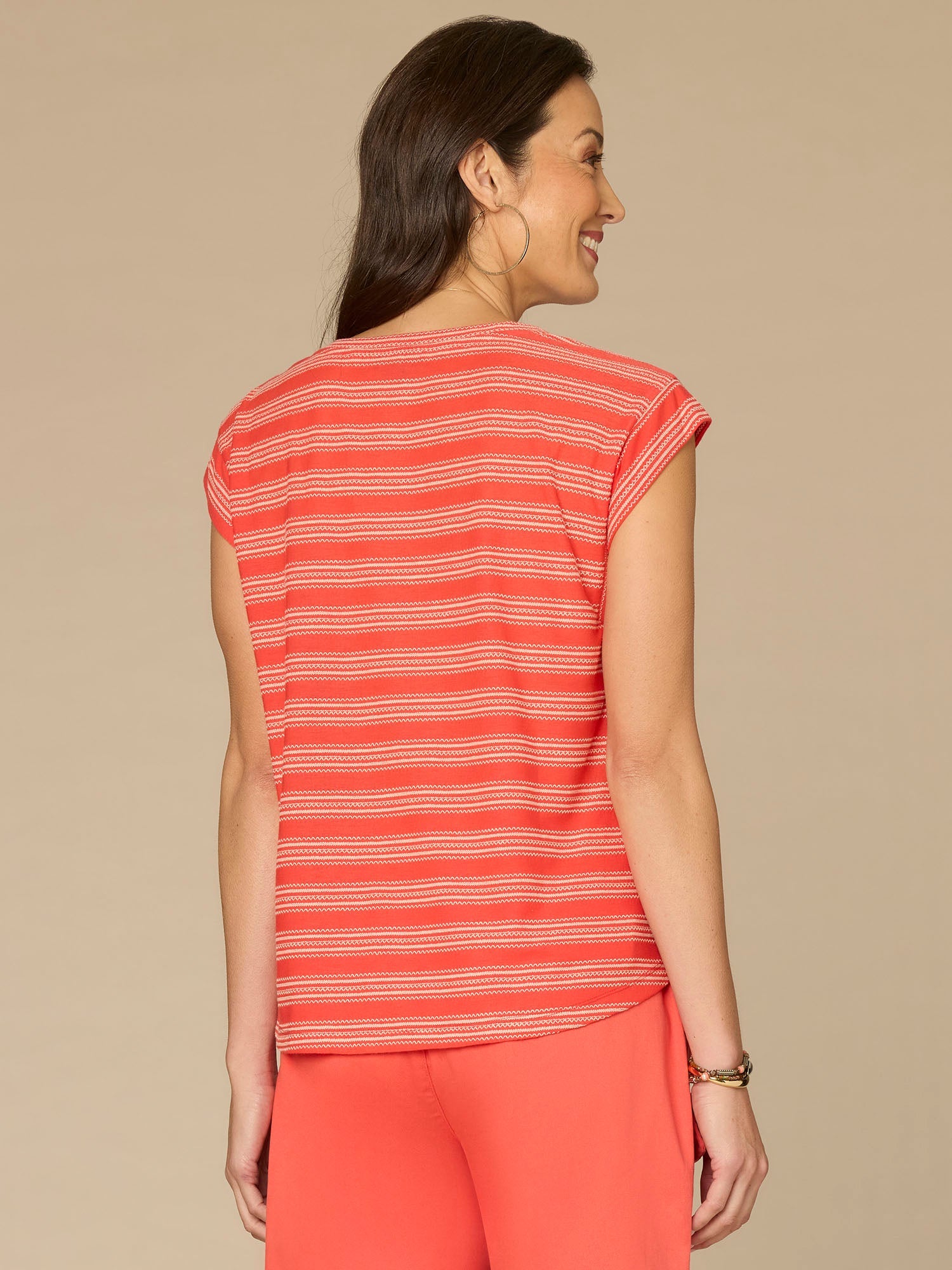 Cap Sleeve Scoop Neck Embroidered Stripe Knit Top