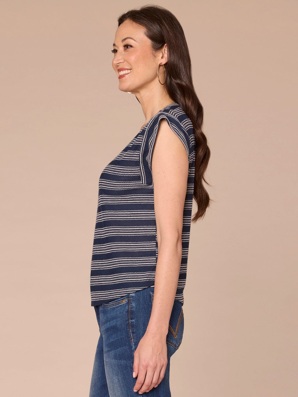 Cap Sleeve Scoop Neck Embroidered Stripe Knit Top