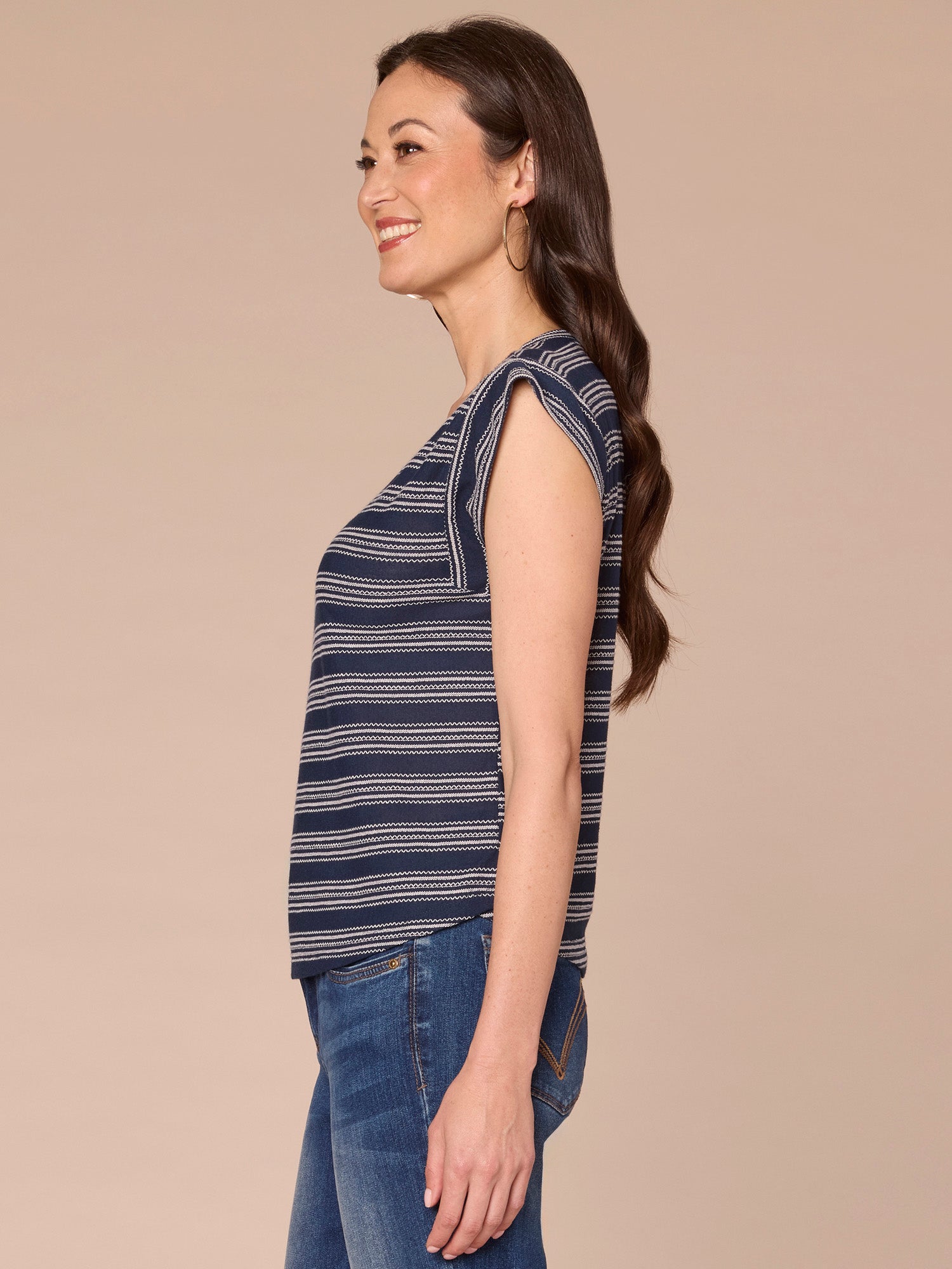 Cap Sleeve Scoop Neck Embroidered Stripe Knit Top