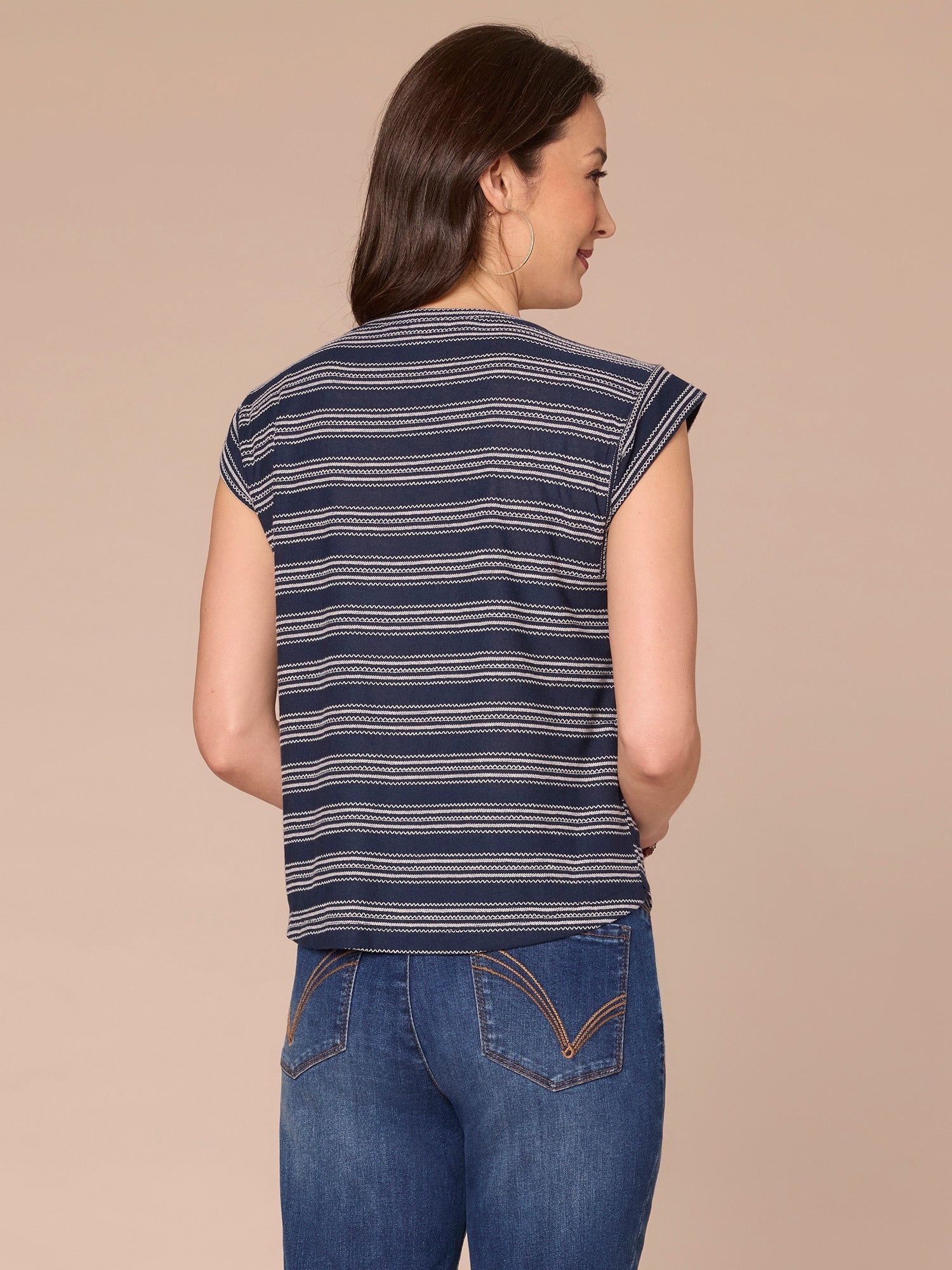 Cap Sleeve Scoop Neck Embroidered Stripe Knit Top