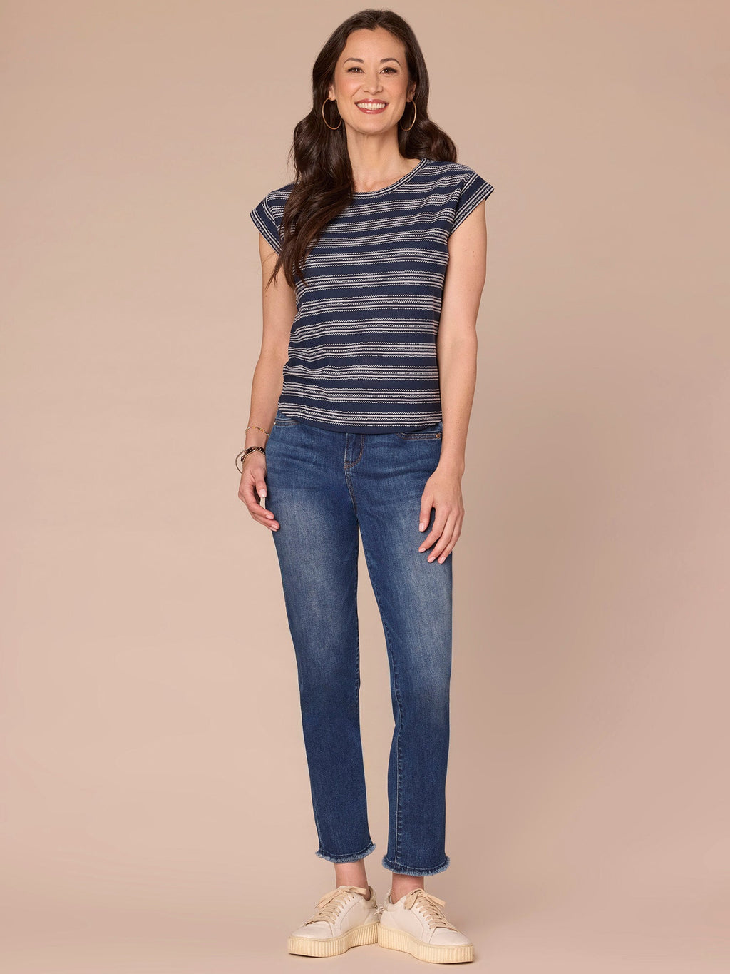 Cap Sleeve Scoop Neck Embroidered Stripe Knit Top