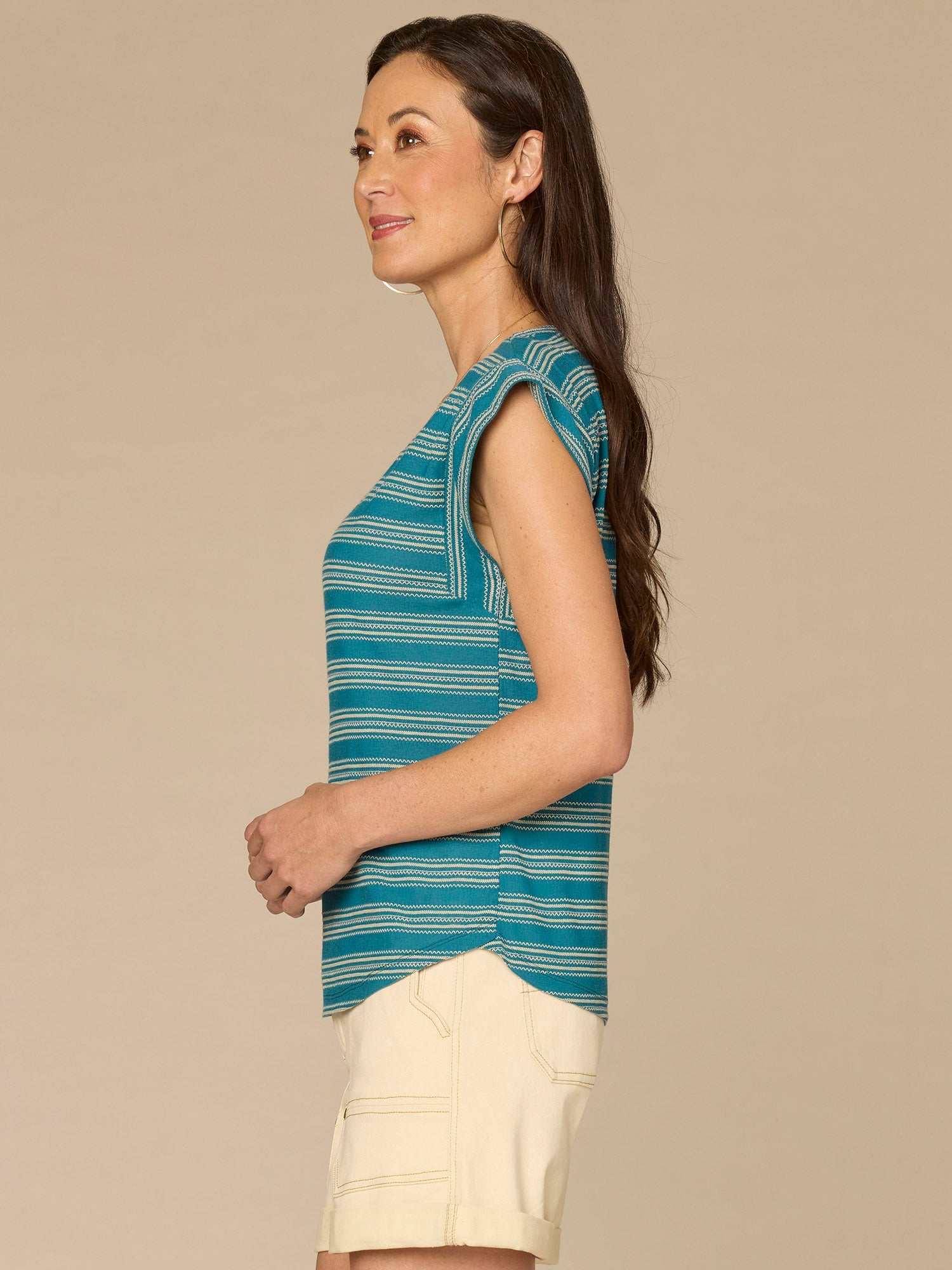 Cap Sleeve Scoop Neck Embroidered Stripe Knit Top