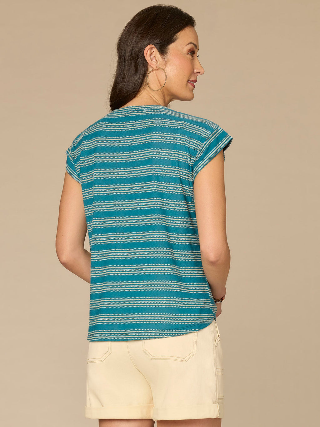 Cap Sleeve Scoop Neck Embroidered Stripe Knit Top