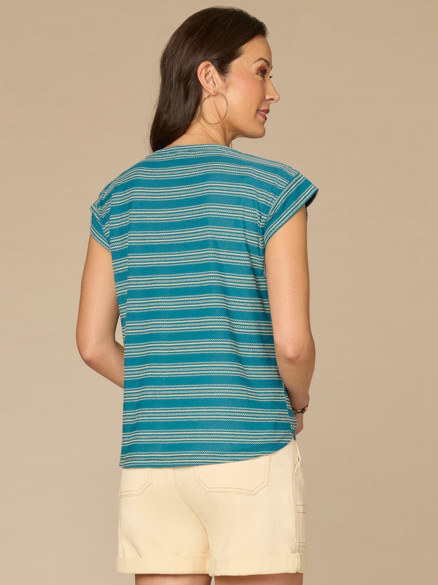 Cap Sleeve Scoop Neck Embroidered Stripe Knit Top