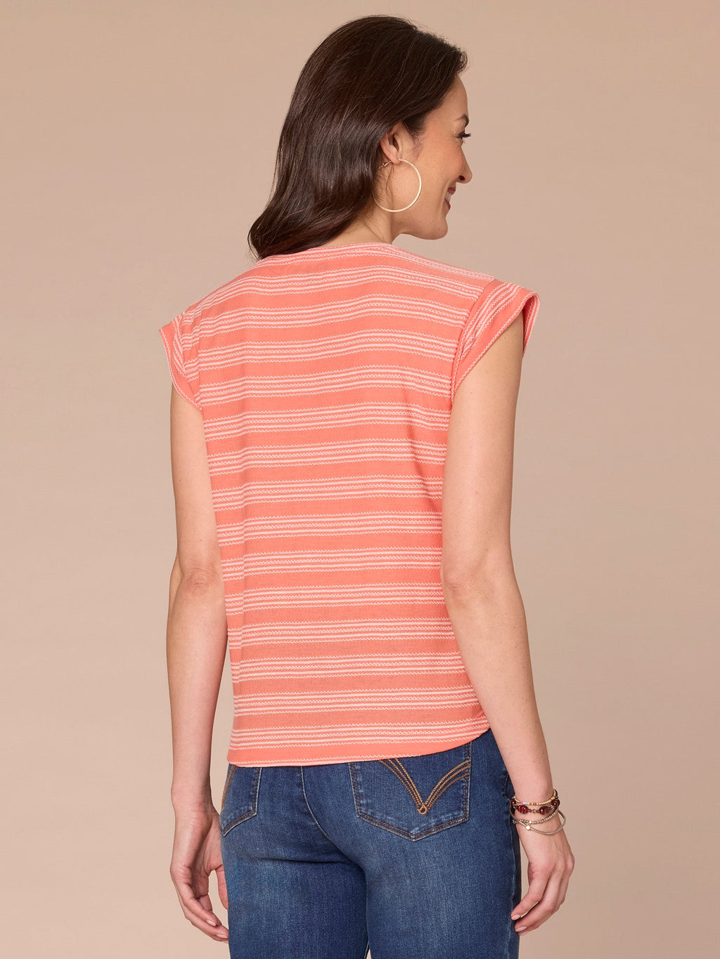 Cap Sleeve Scoop Neck Embroidered Stripe Knit Top