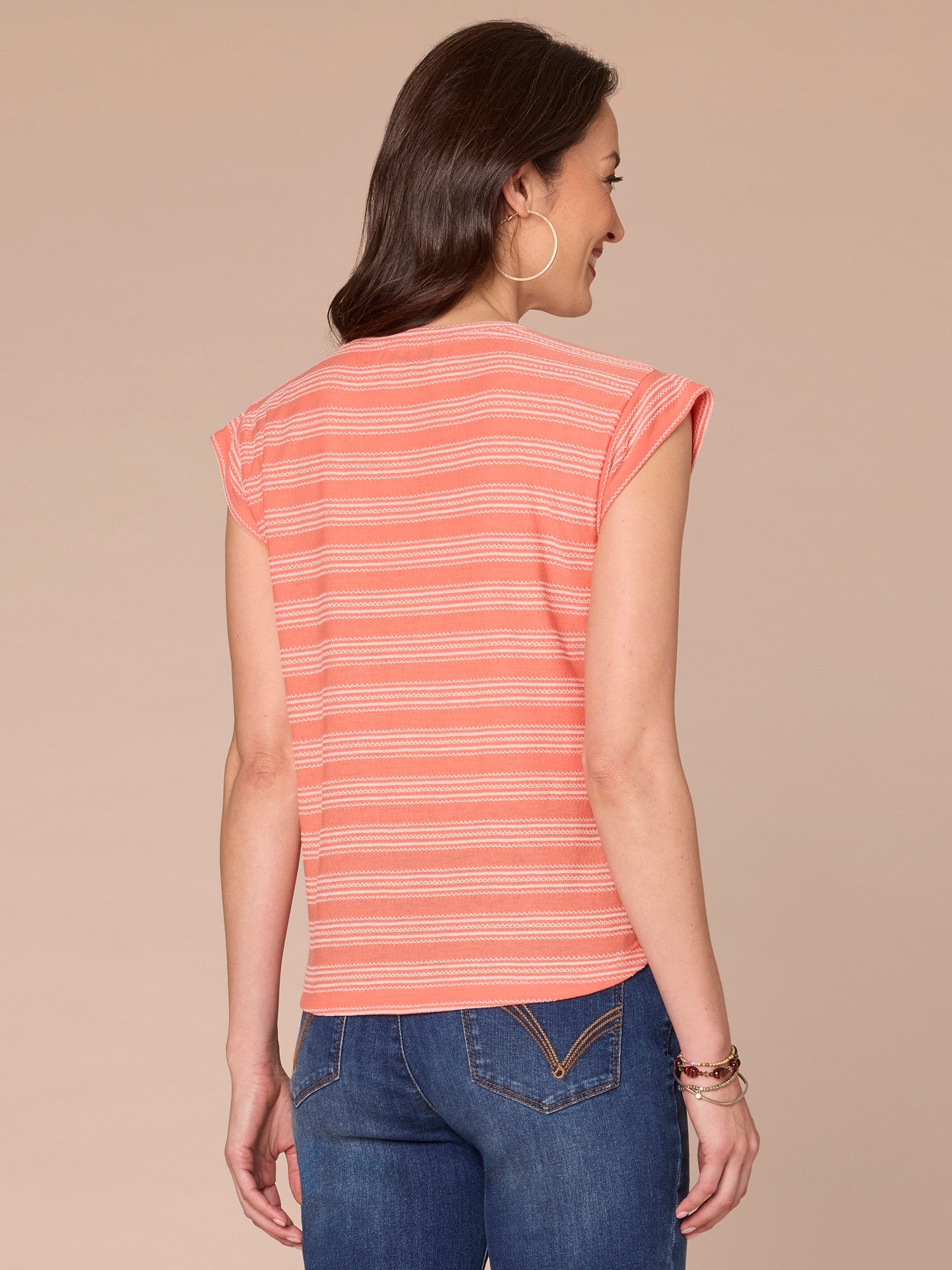 Cap Sleeve Scoop Neck Embroidered Stripe Knit Top