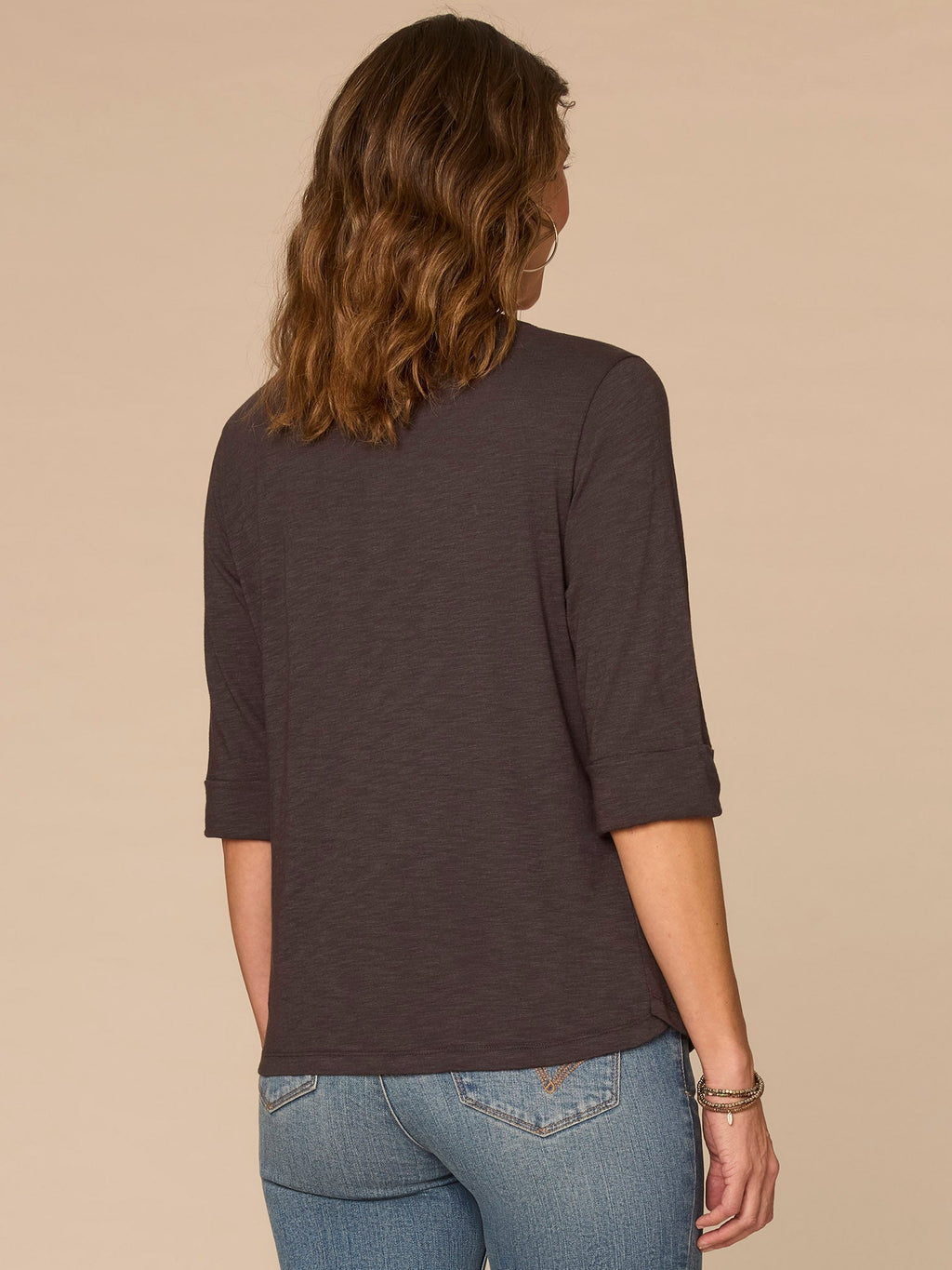 Elbow Roll Cuff Sleeve Scoop Neck Half Crochet Placket Petite Knit Top