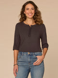 Elbow Roll Cuff Sleeve Scoop Neck Half Crochet Placket Petite Knit Top