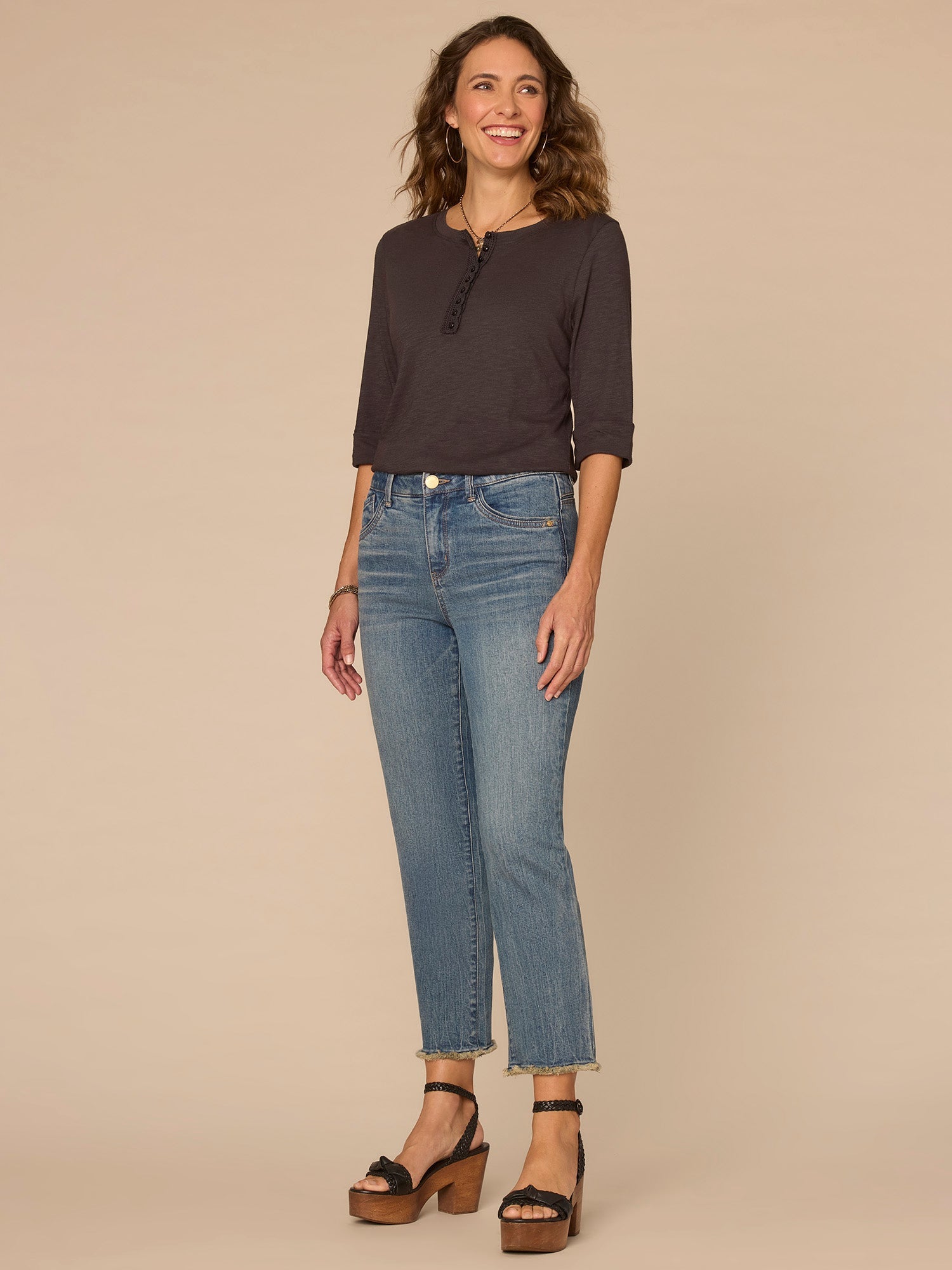 Elbow Roll Cuff Sleeve Scoop Neck Half Crochet Placket Knit Top