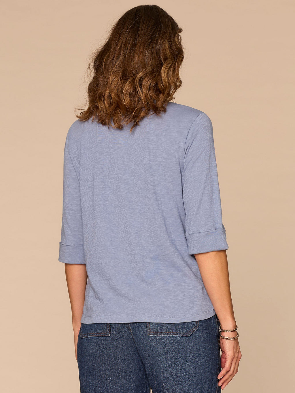 Elbow Roll Cuff Sleeve Scoop Neck Half Crochet Placket Petite Knit Top