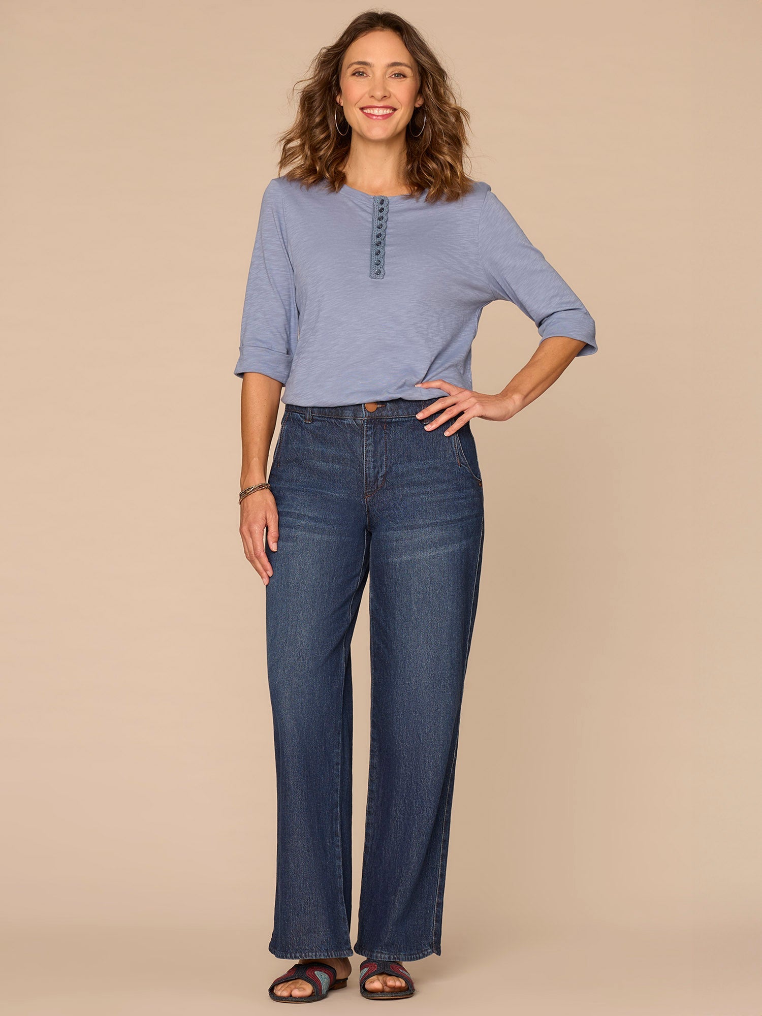 Elbow Roll Cuff Sleeve Scoop Neck Half Crochet Placket Knit Top
