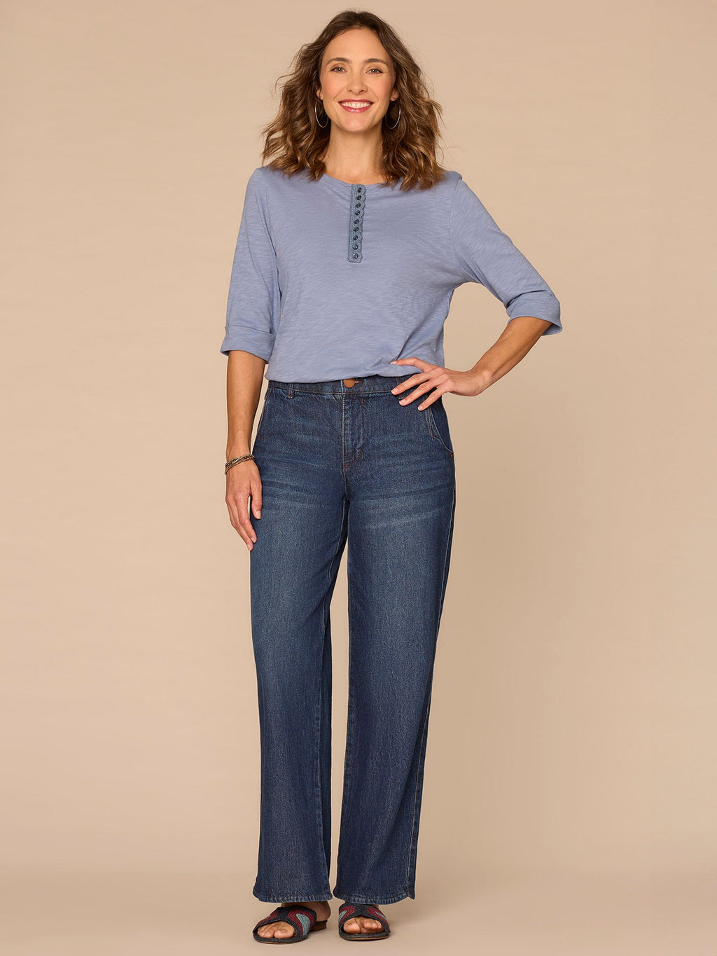 Elbow Roll Cuff Sleeve Scoop Neck Half Crochet Placket Petite Knit Top