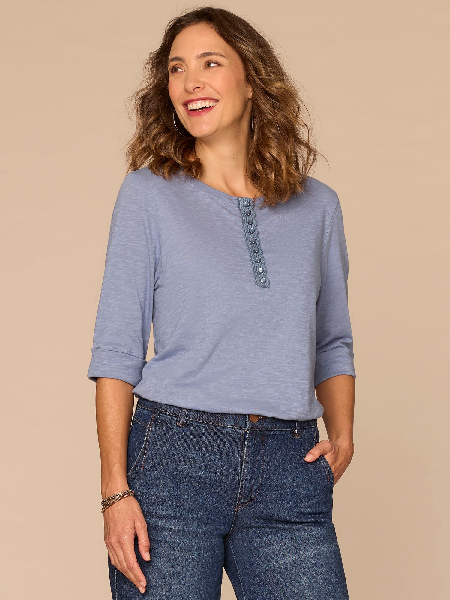 Elbow Roll Cuff Sleeve Scoop Neck Half Crochet Placket Petite Knit Top