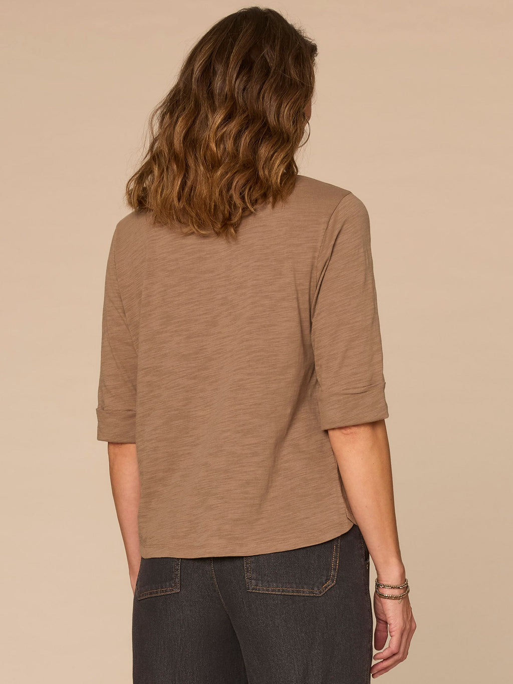 Elbow Roll Cuff Sleeve Scoop Neck Half Crochet Placket Knit Top