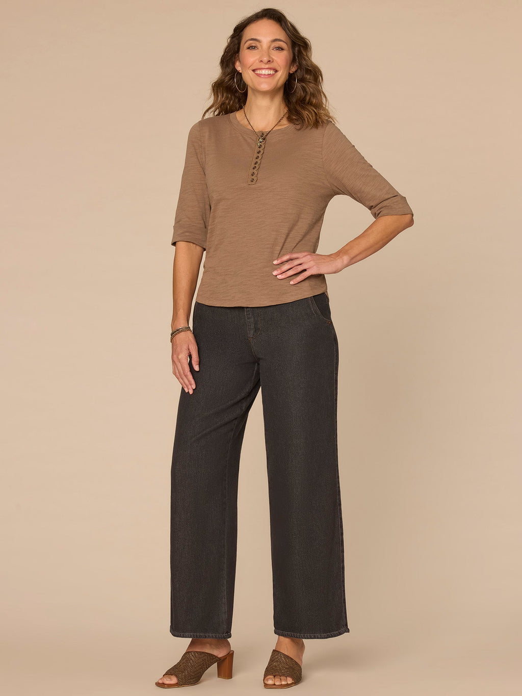 Elbow Roll Cuff Sleeve Scoop Neck Half Crochet Placket Knit Top