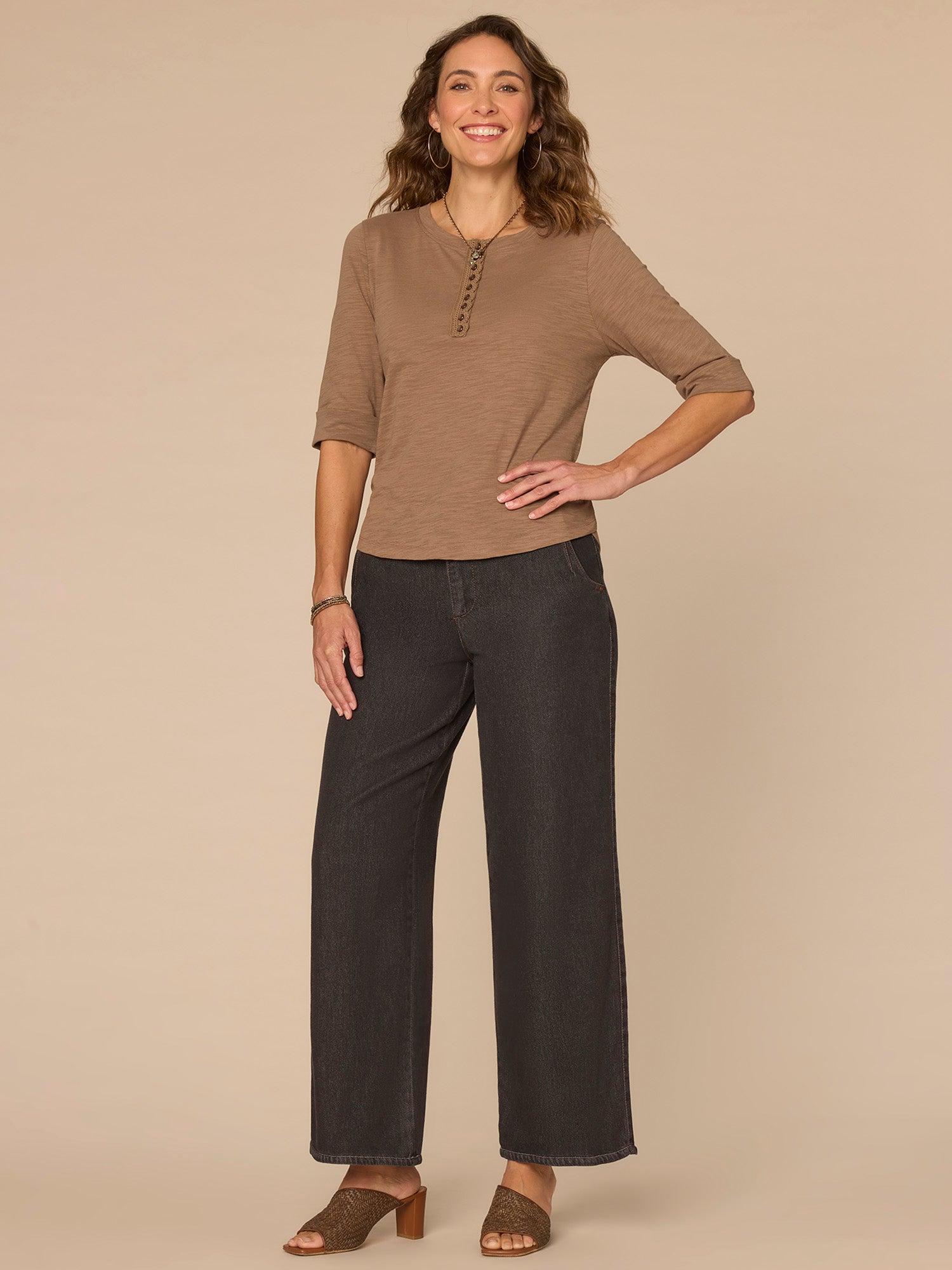 Elbow Roll Cuff Sleeve Scoop Neck Half Crochet Placket Knit Top
