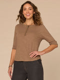 Elbow Roll Cuff Sleeve Scoop Neck Half Crochet Placket Knit Top