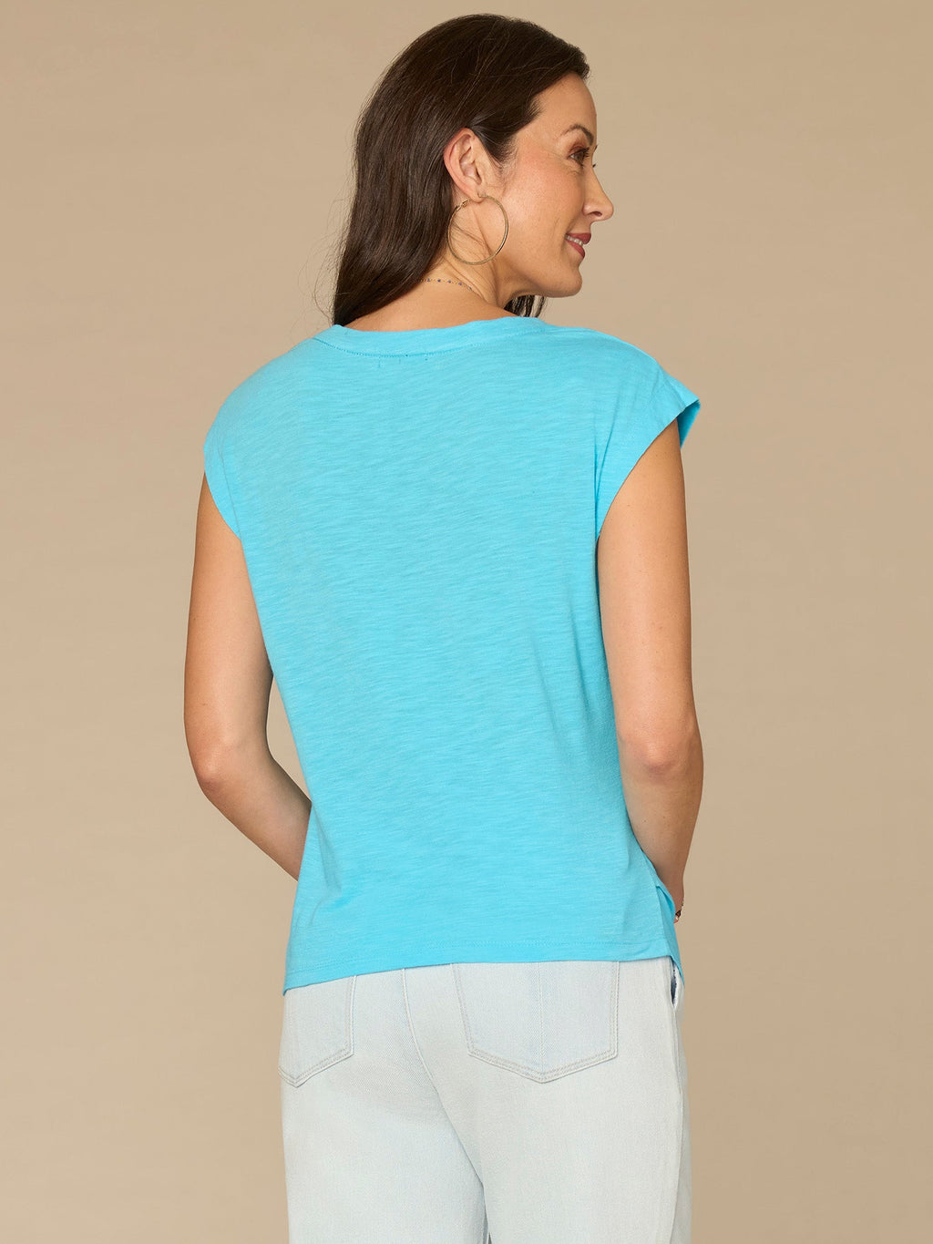 Extended Origami Sleeve Scoop Neck Side Ruched Screen Print Knit Top