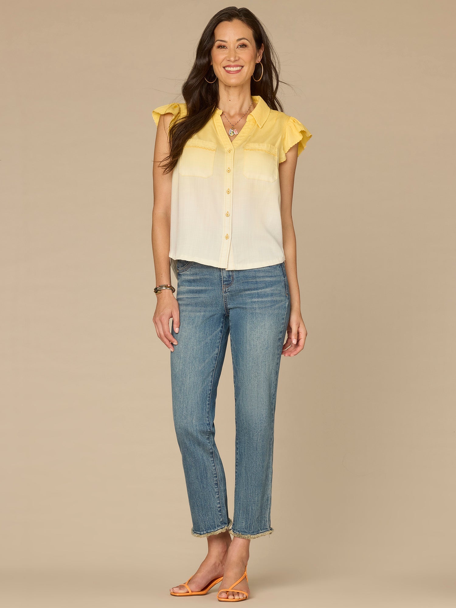 Flutter Sleeve Collared Button Down Scallop Edge Ombre Woven Shirt
