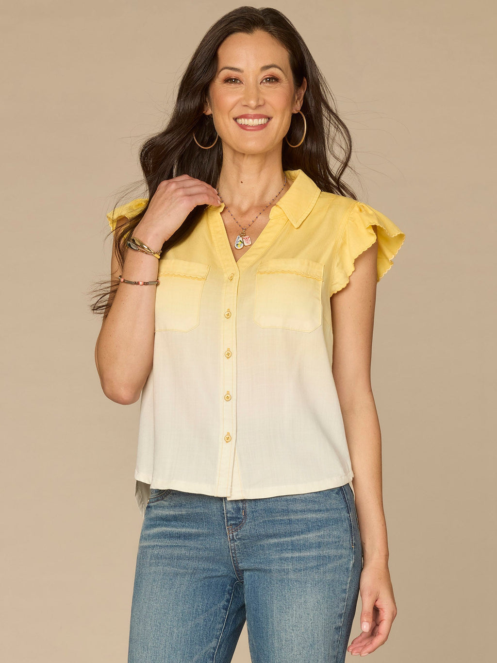 Flutter Sleeve Collared Button Down Scallop Edge Ombre Woven Shirt