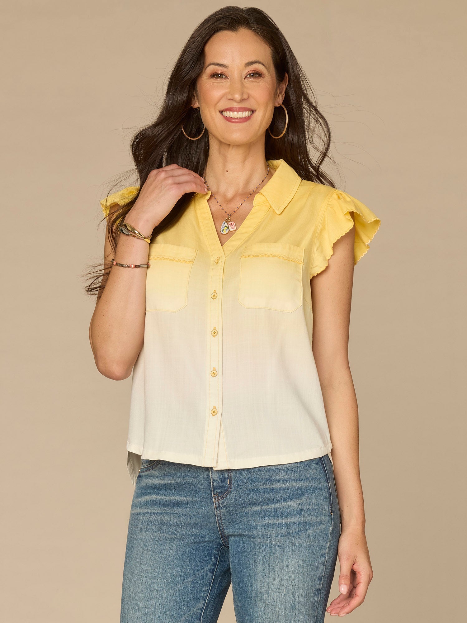 Flutter Sleeve Collared Button Down Scallop Edge Ombre Woven Shirt
