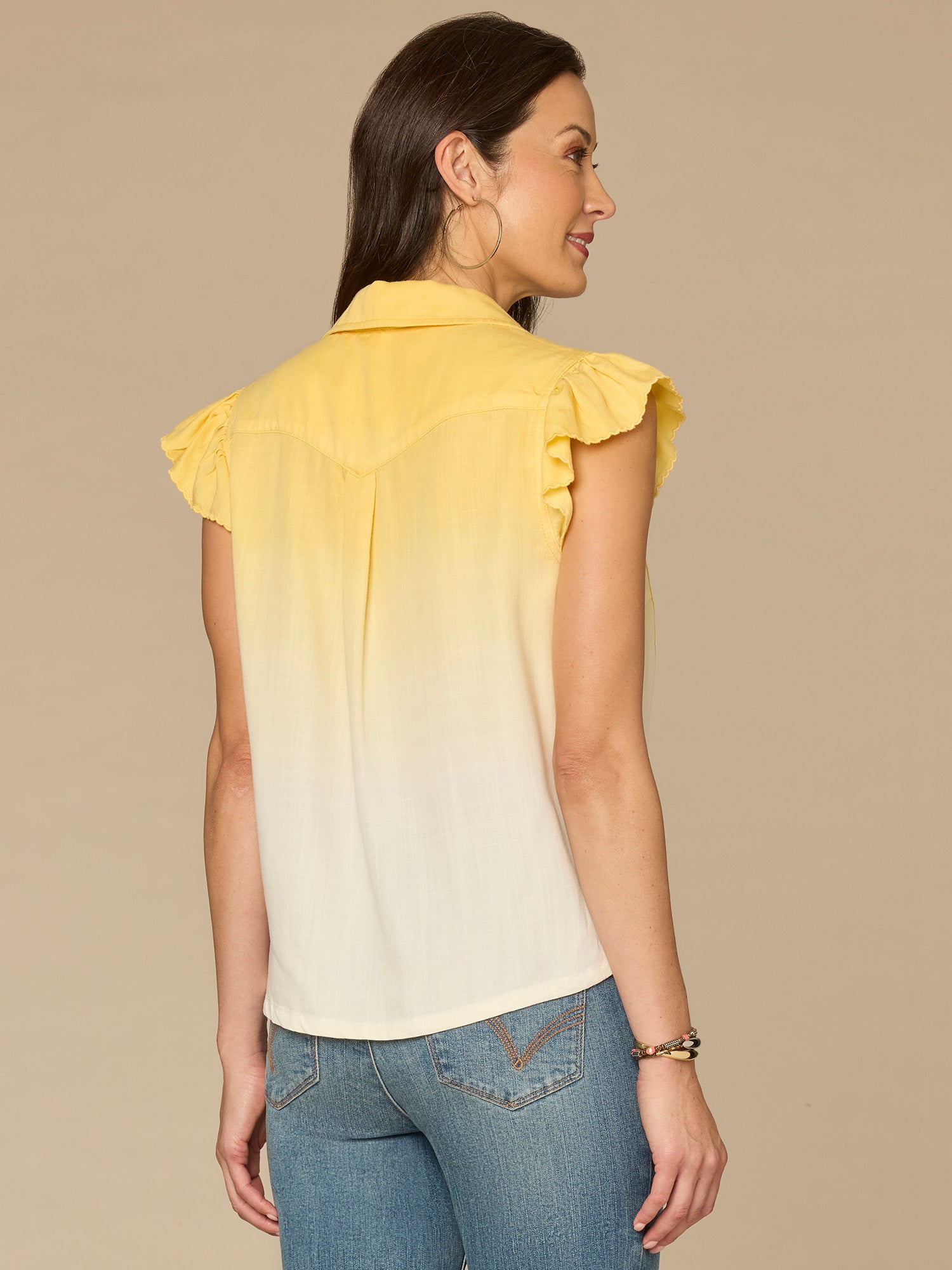 Flutter Sleeve Collared Button Down Scallop Edge Ombre Woven Shirt