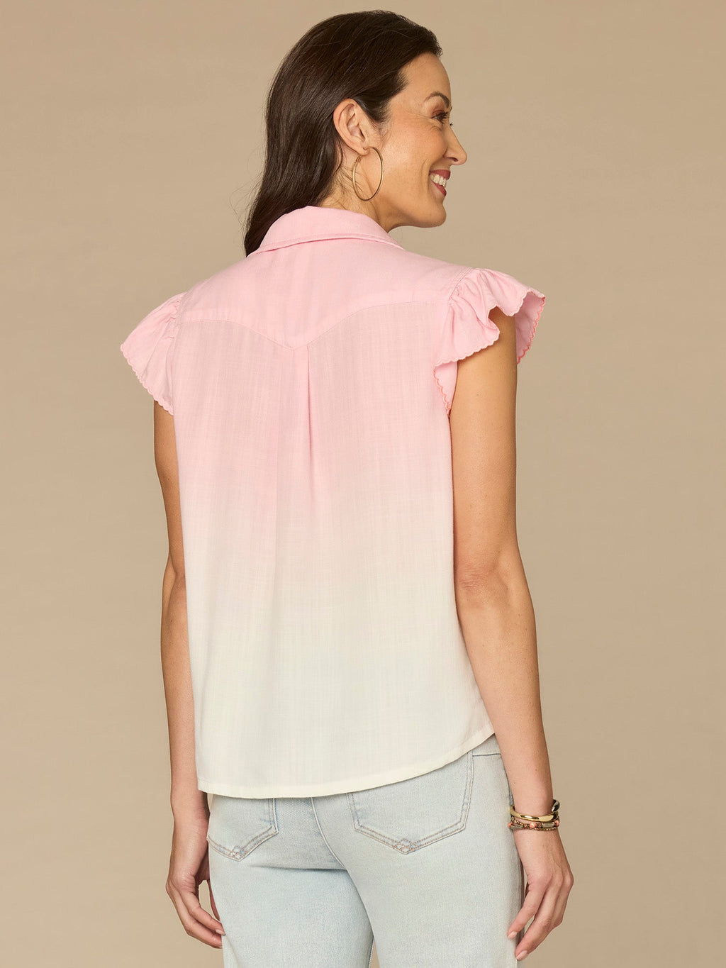 Flutter Sleeve Collared Button Down Scallop Edge Ombre Woven Shirt