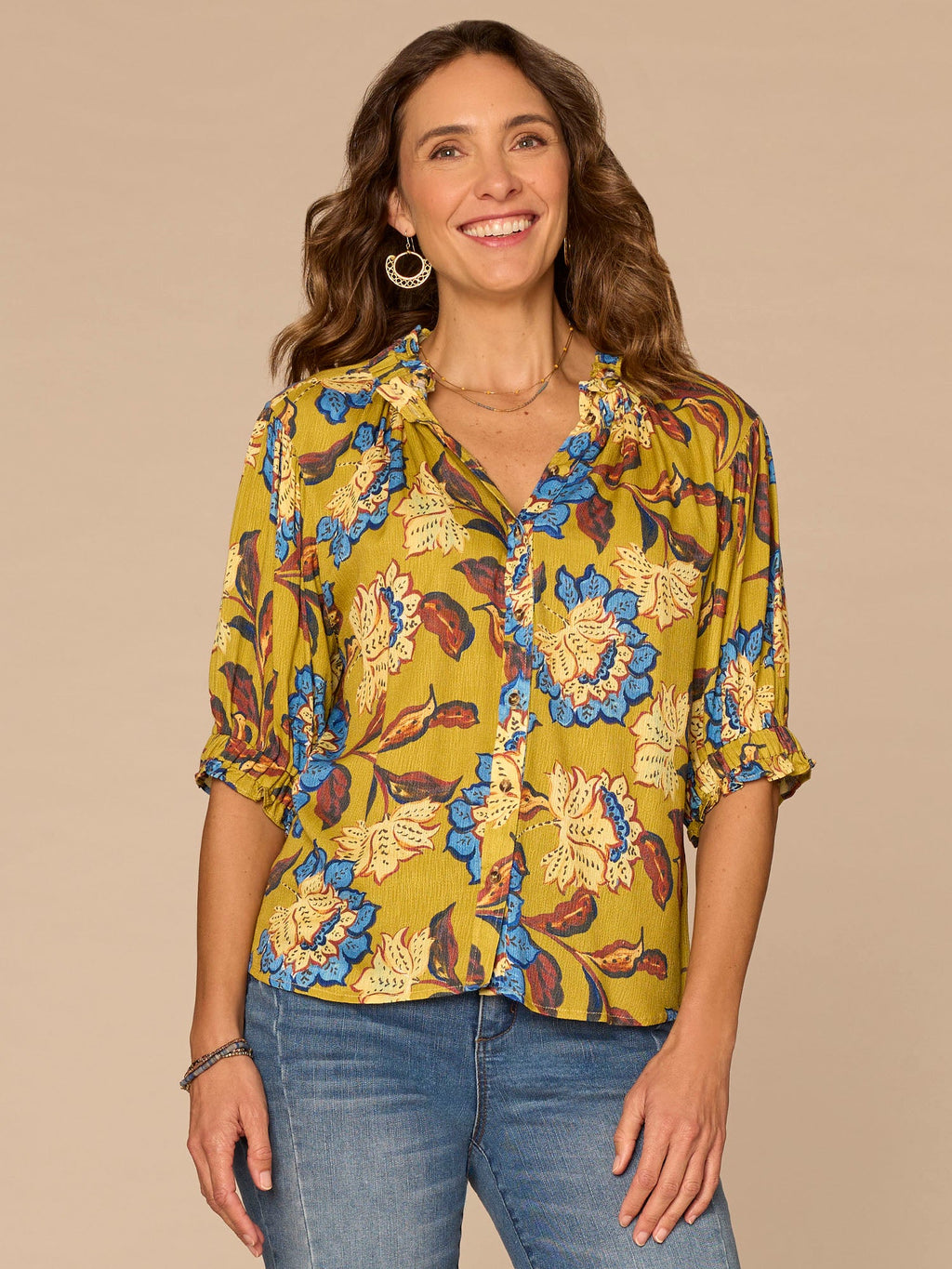 Elbow Sleeve Ruffle Split Neck Button Down Abstract Print Woven Top