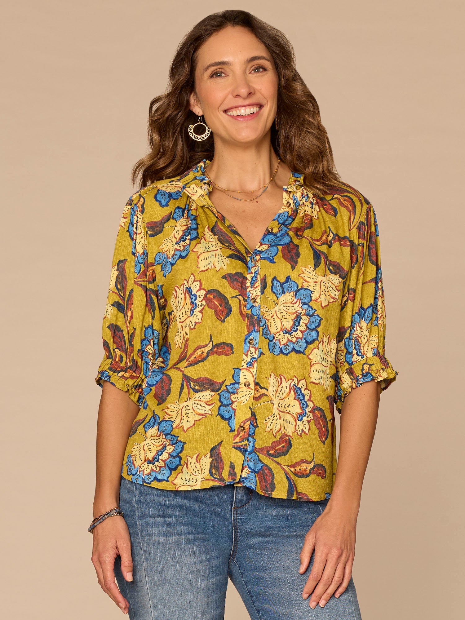 Elbow Sleeve Ruffle Split Neck Button Down Abstract Print Woven Top