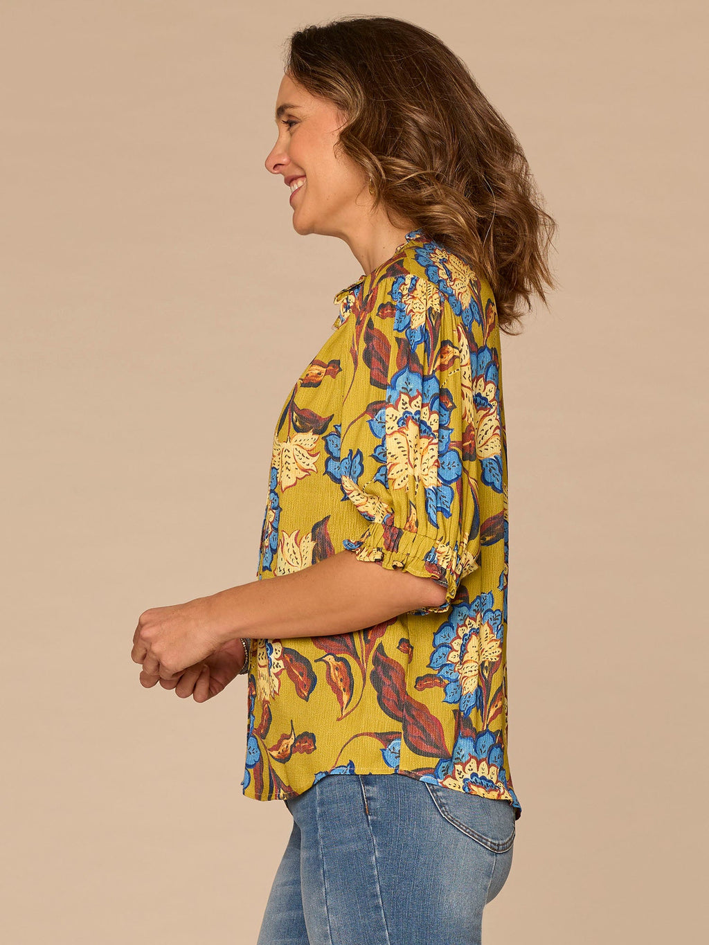 Elbow Sleeve Ruffle Split Neck Button Down Abstract Print Woven Top