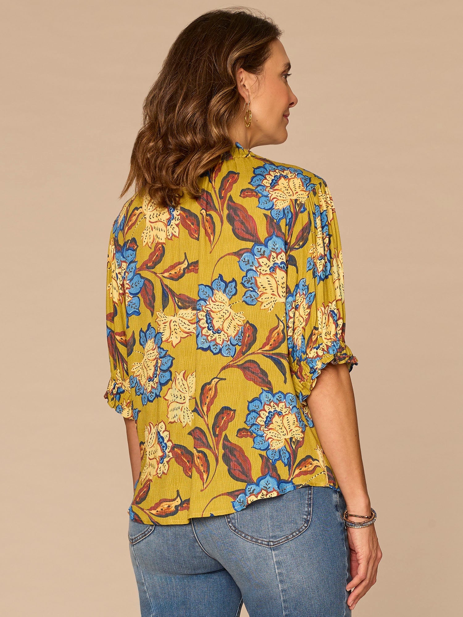Elbow Sleeve Ruffle Split Neck Button Down Abstract Print Woven Top