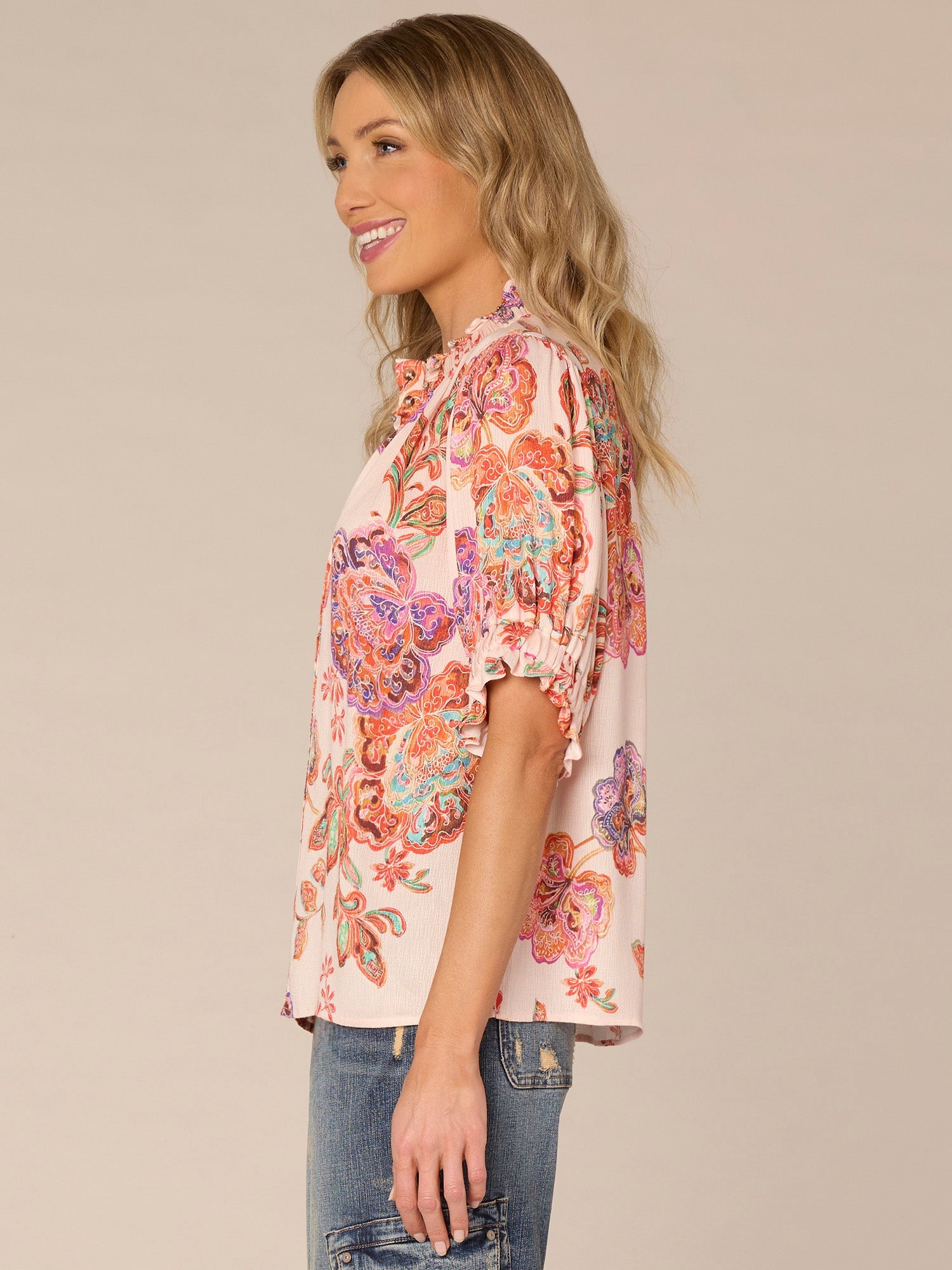 Elbow Sleeve Ruffle Split Neck Button Down Abstract Print Woven Top
