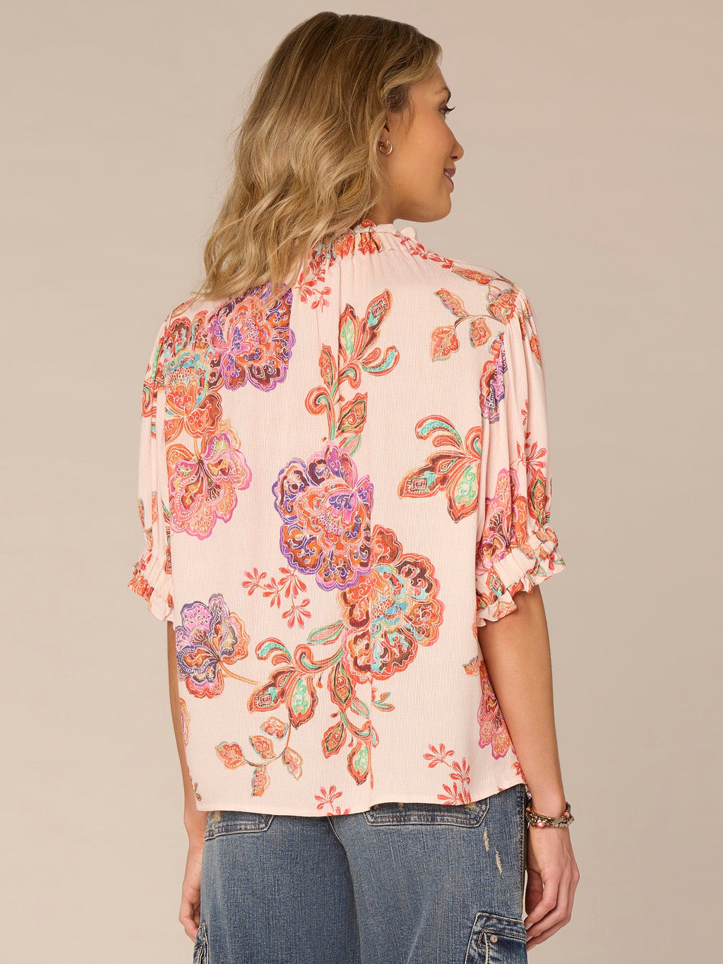 Elbow Sleeve Ruffle Split Neck Button Down Abstract Print Woven Top