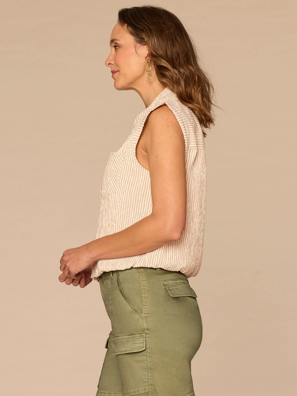 Cap Sleeve Collared Button Down Spliced Stripe Petite Woven Top