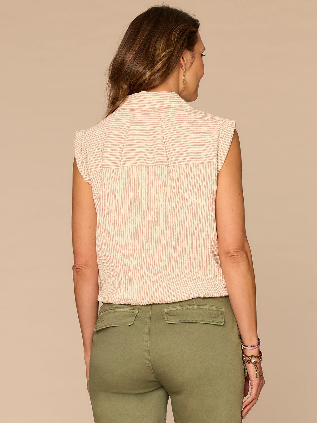 Cap Sleeve Collared Button Down Placket Spliced Stripe Woven Top