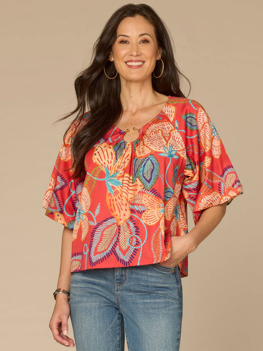 Bubble Bell Sleeve V-Neck Floral Printed Woven Top with O-Ring