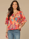 Bubble Bell Sleeve V-Neck Floral Printed Woven Top with O-Ring