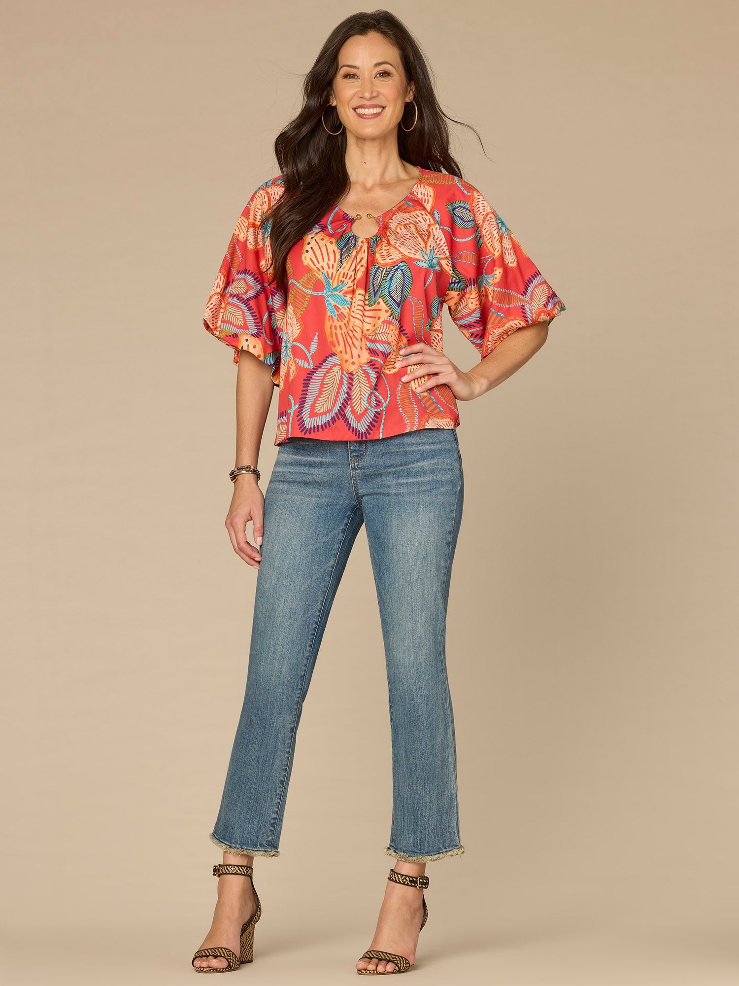Bubble Bell Sleeve V-Neck Floral Printed Petite Woven Top with O-Ring