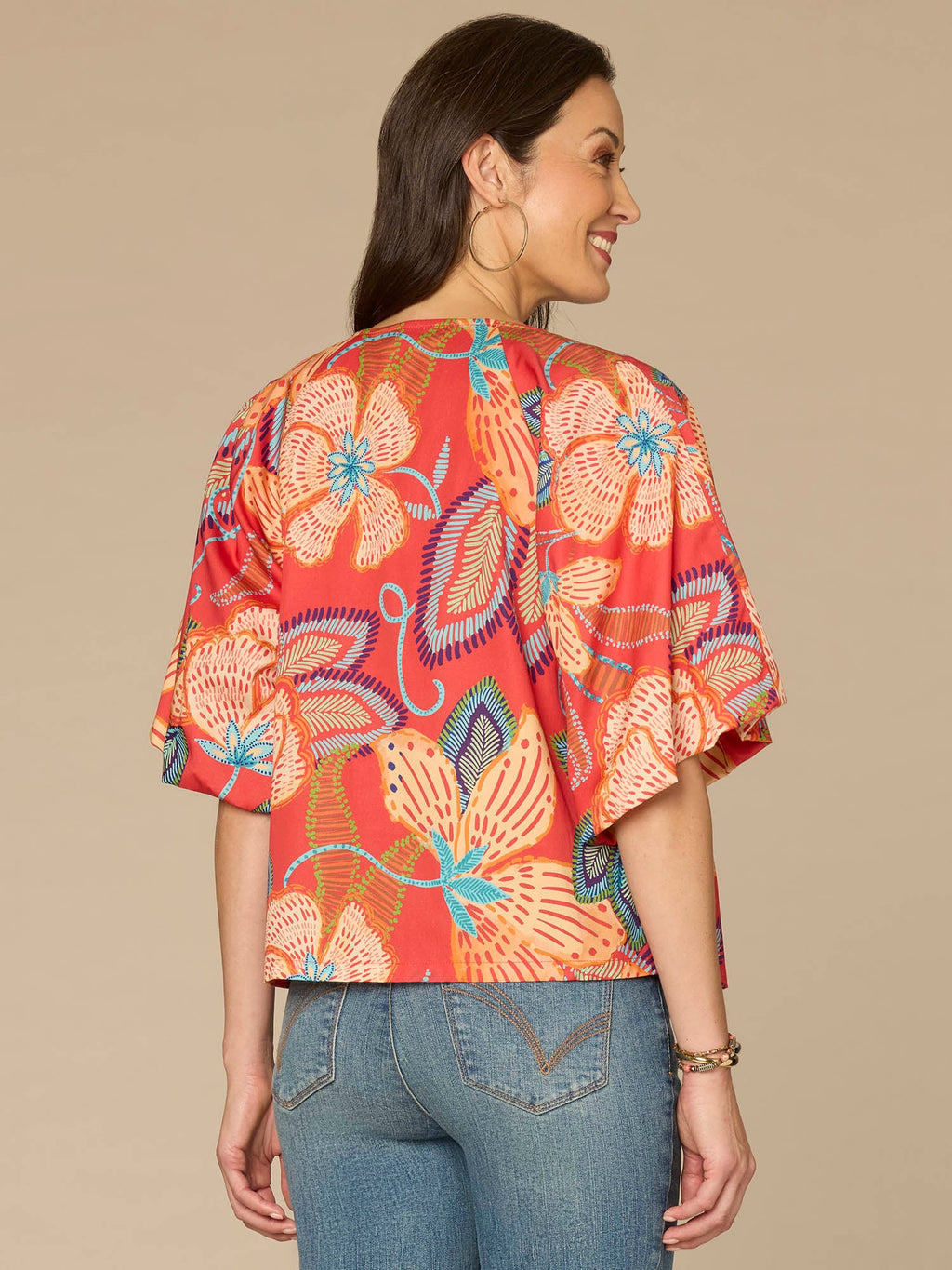Bubble Bell Sleeve V-Neck Floral Printed Petite Woven Top with O-Ring