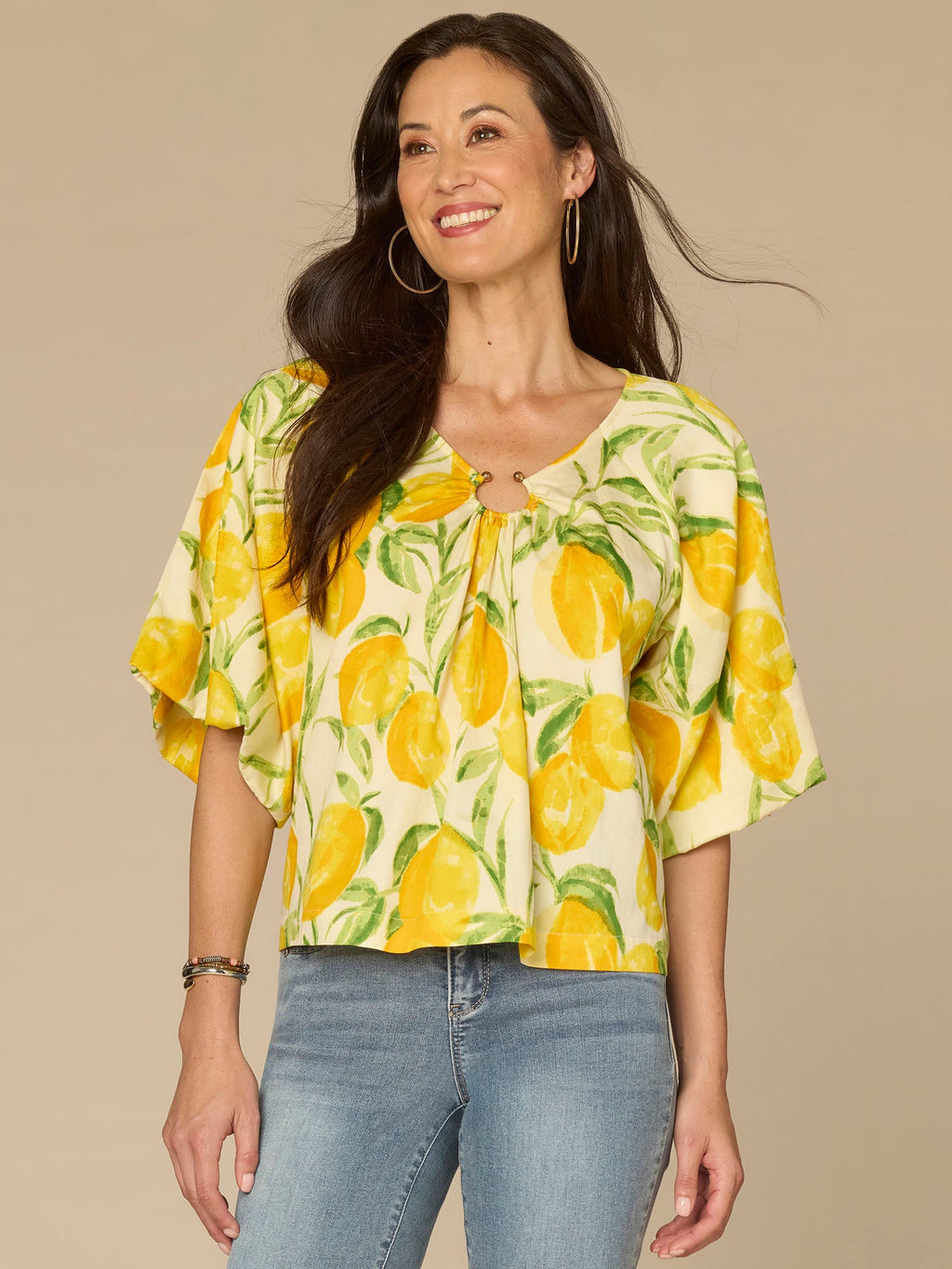 Bubble Bell Sleeve V-Neck Lemon Printed Woven Top with O-Ring