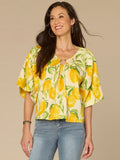 Bubble Bell Sleeve V-Neck Lemon Printed Woven Top with O-Ring