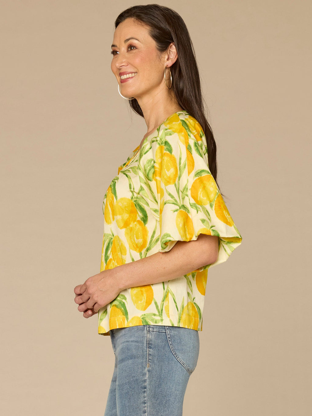 Bubble Bell Sleeve V-Neck Lemon Printed Woven Top with O-Ring