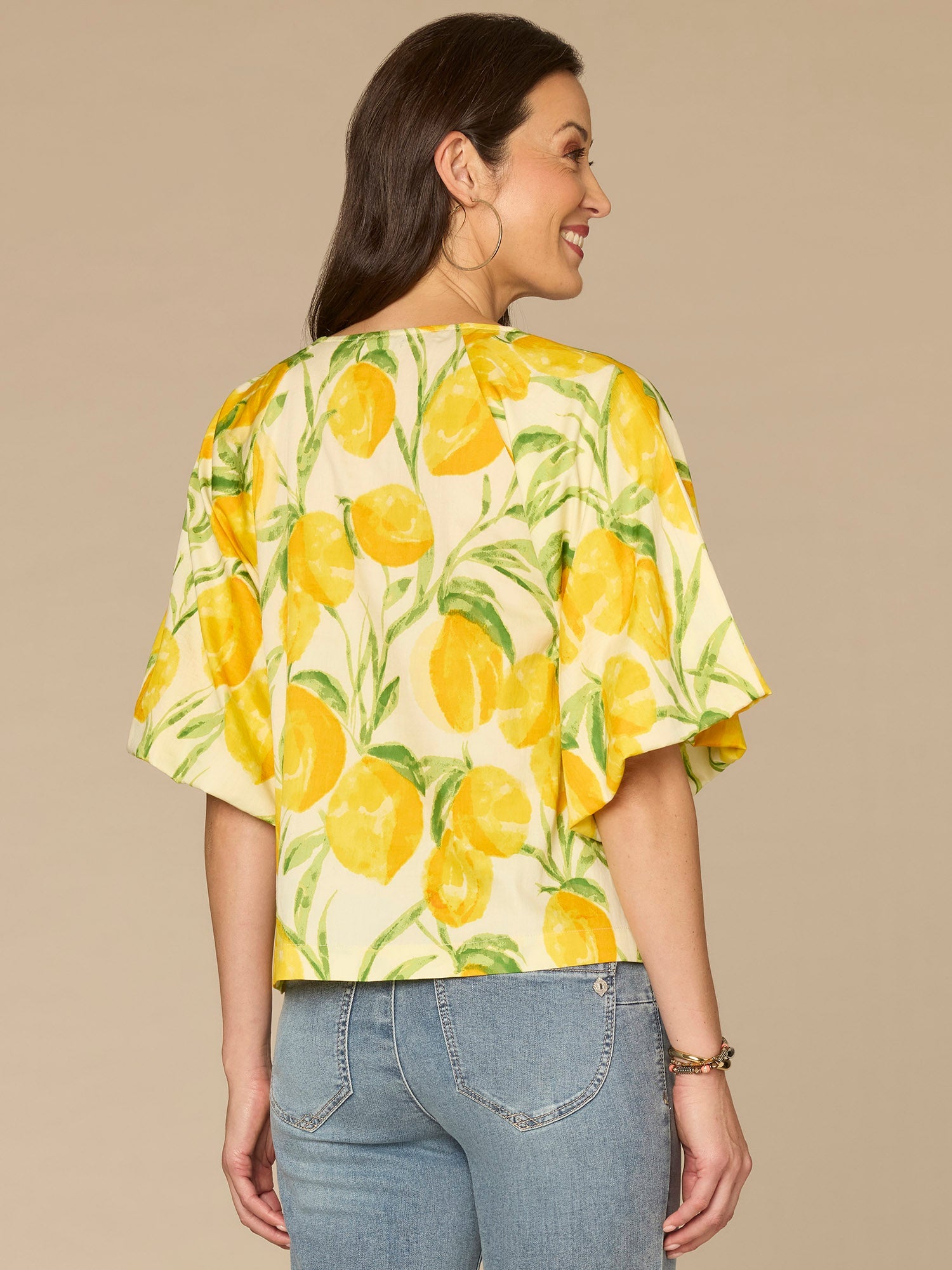 Bubble Bell Sleeve V-Neck Lemon Printed Woven Top with O-Ring