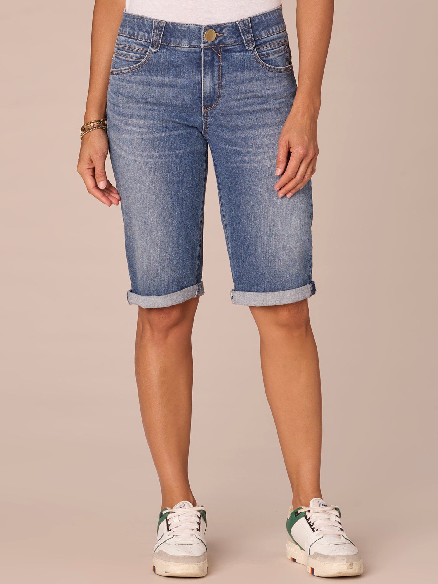 "Ab"solution Mid-Rise Bermuda Shorts with Angled Dart Seams
