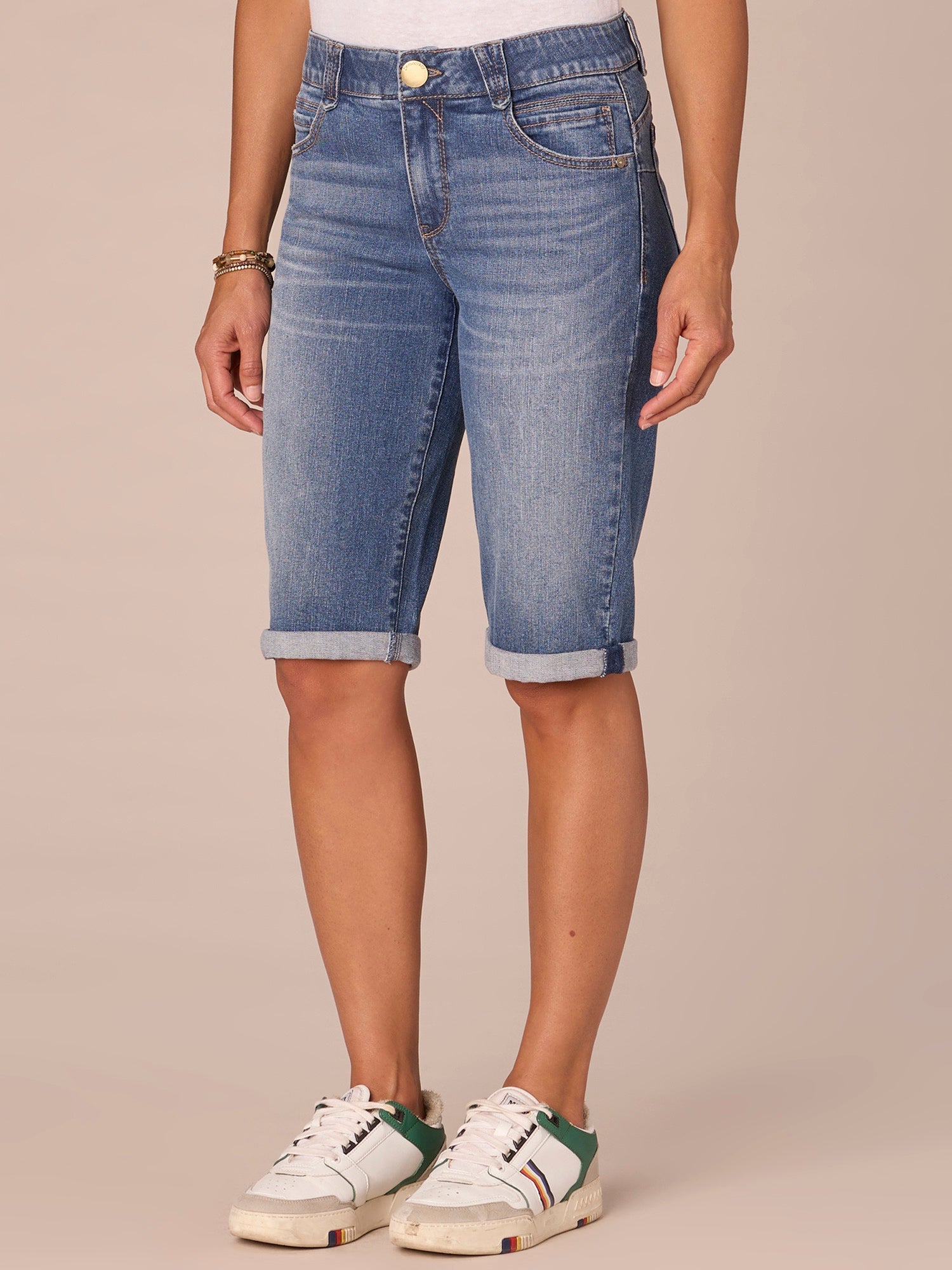 "Ab"solution Mid-Rise Bermuda Shorts with Angled Dart Seams